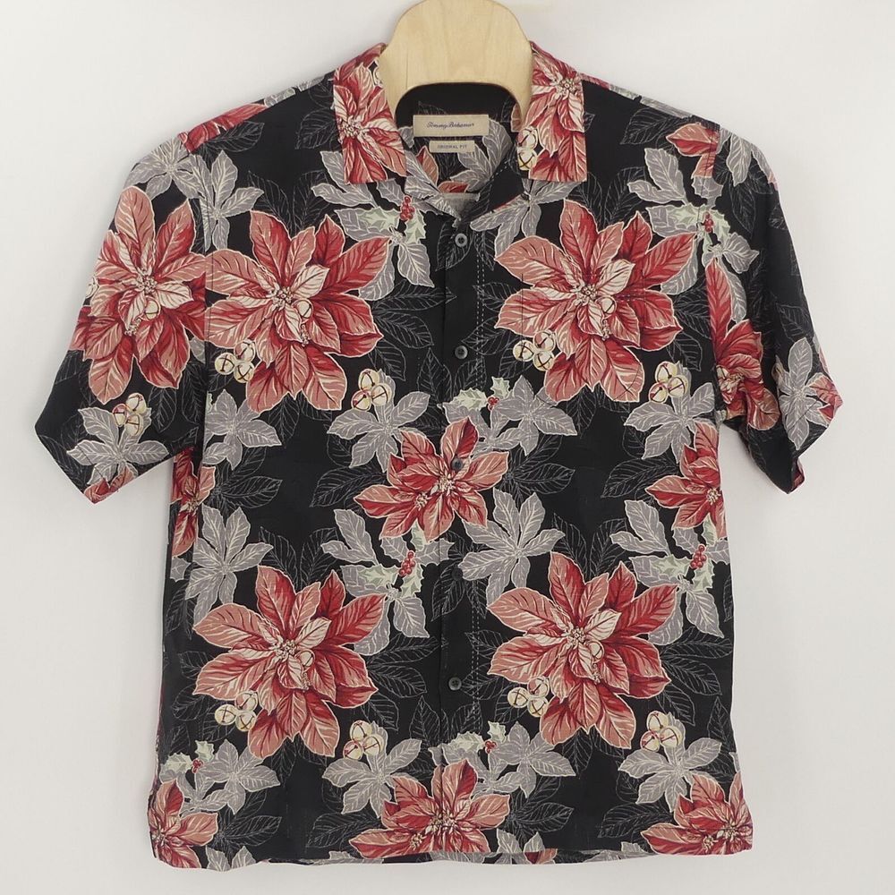 Tommy Bahama Silk Hawaiian Shirt‎ Christmas Mistletoe Poinsettias Bells Men's  L